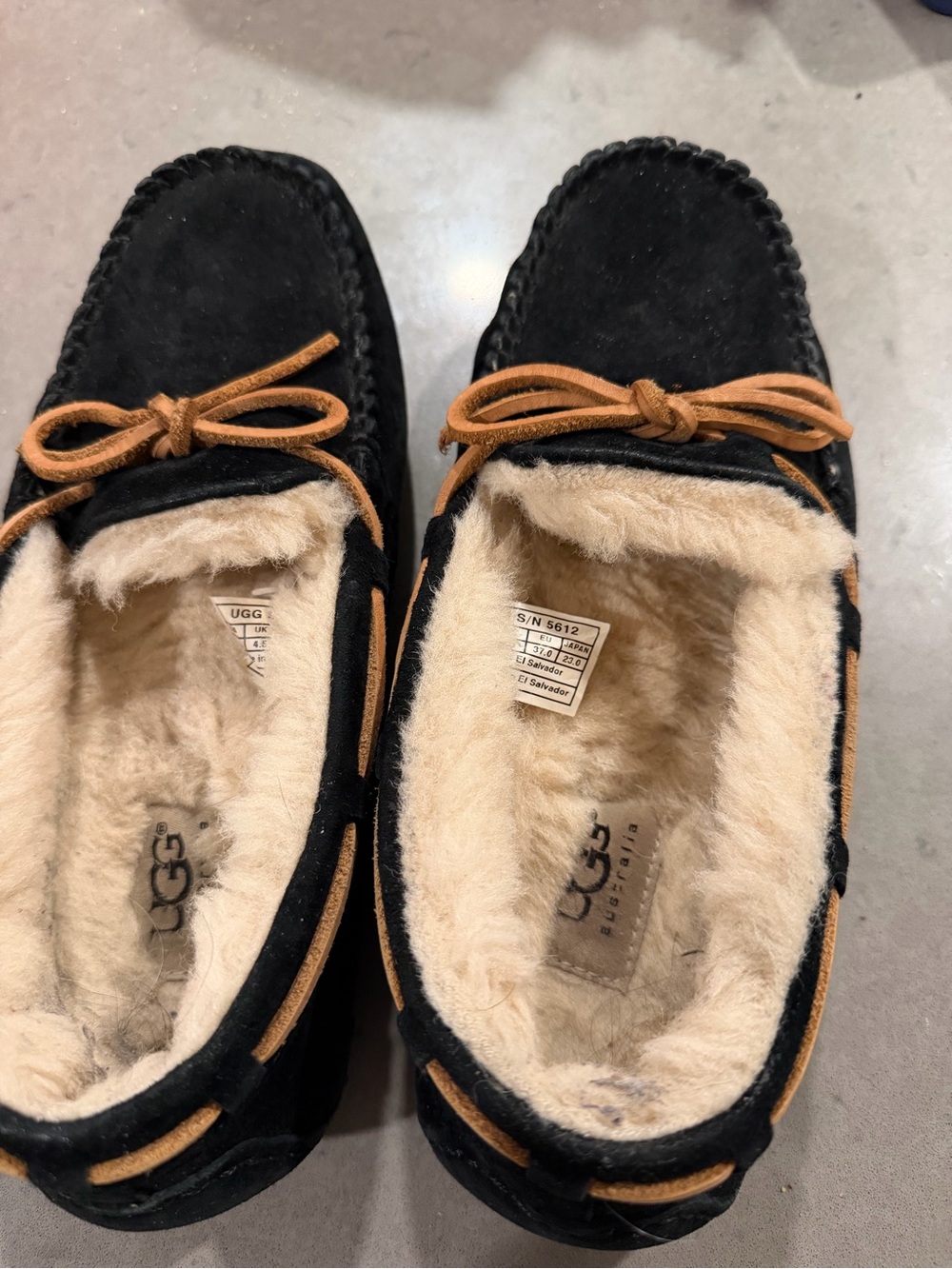 UGG Men's Black Suede Moccasin Slippers with Chestnut Trim